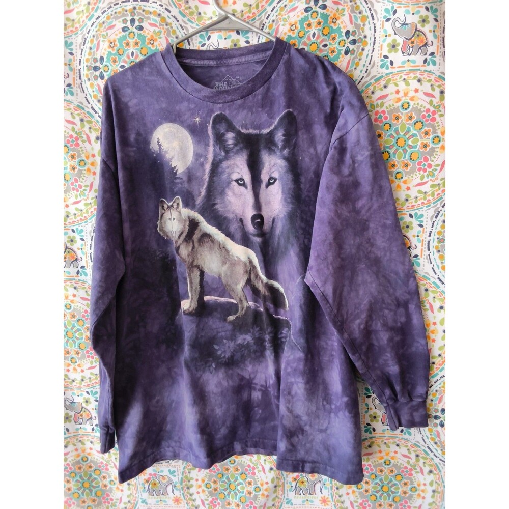 VTG The Mountain Wolf Moon T-Shirt Adult L Purple Tie Dye Print Long Sleeve Y2K